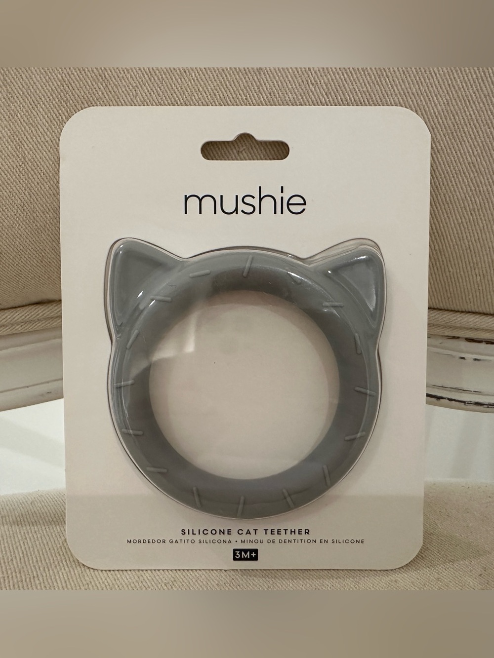 NWT Mushie Cat Teether in Stone Cat Ear Silicone Teething Ring for Baby